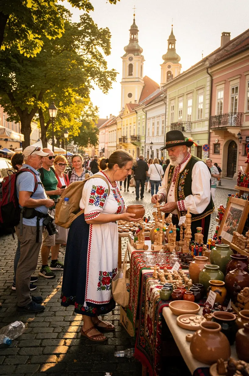 Cestovateľ ochutnáva miestne slovenské špeciality na trhu v malom meste.